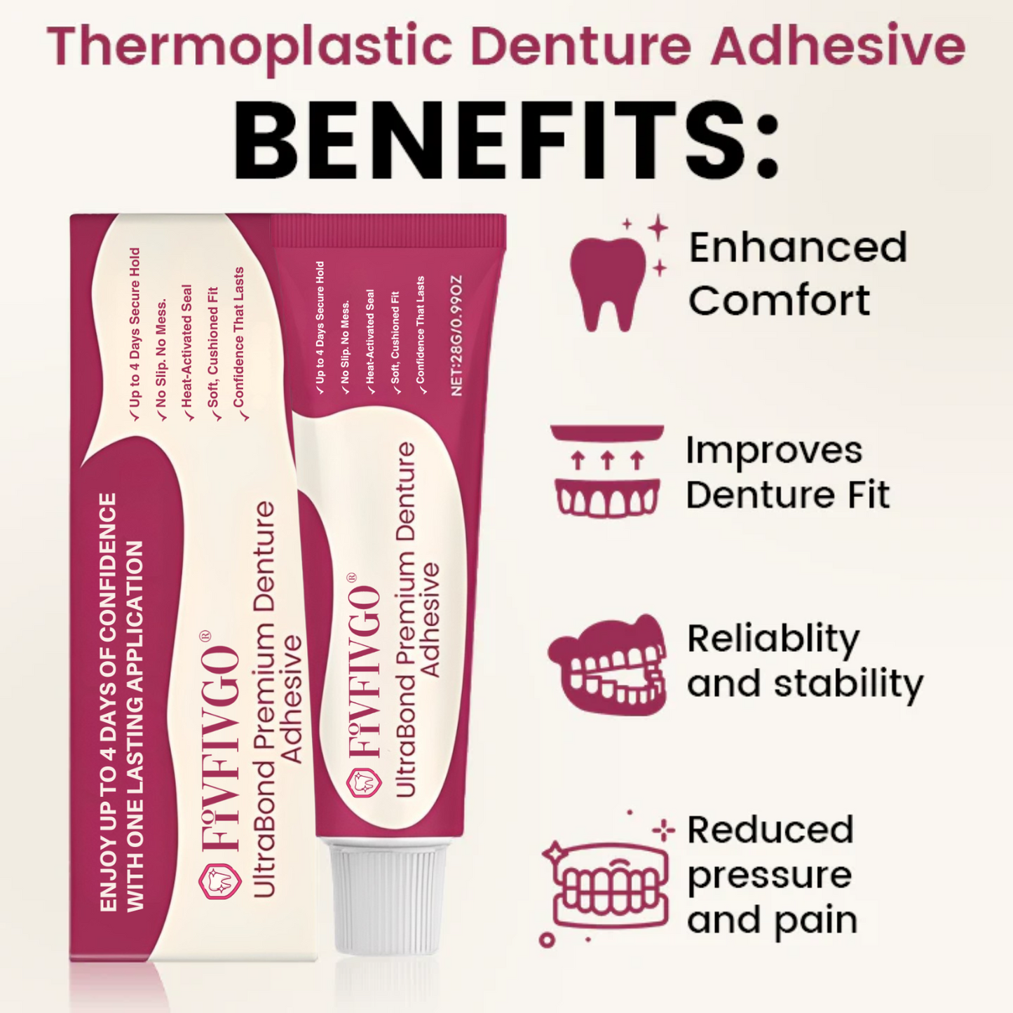 Fivfivgo® UltraBond Premium Denture Adhesive 🔥 FDA Certified (Clinically Proven 4-Day Hold for Secure, Comfortable & Zinc-Free Denture Fit 🦷)